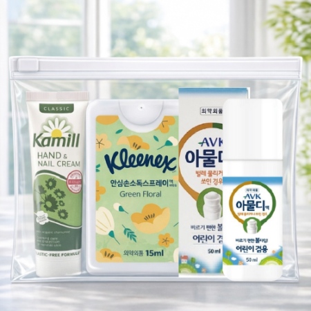 카밀핸드크림+크리넥스 안심소독스프레이+아물디 모기약3종세트(브생건 지퍼백)
