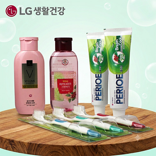 LG생활건강 엘라스틴 샴푸+오가니스트 바디워시+페리오 허블치약 160g 2개 + 페리오 이중미세모 칫솔 3개