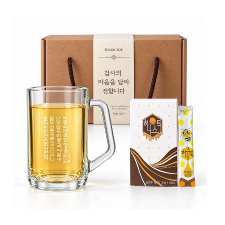 훈민정음 글라스 머그잔 + 국내산 허니스틱 선물세트
