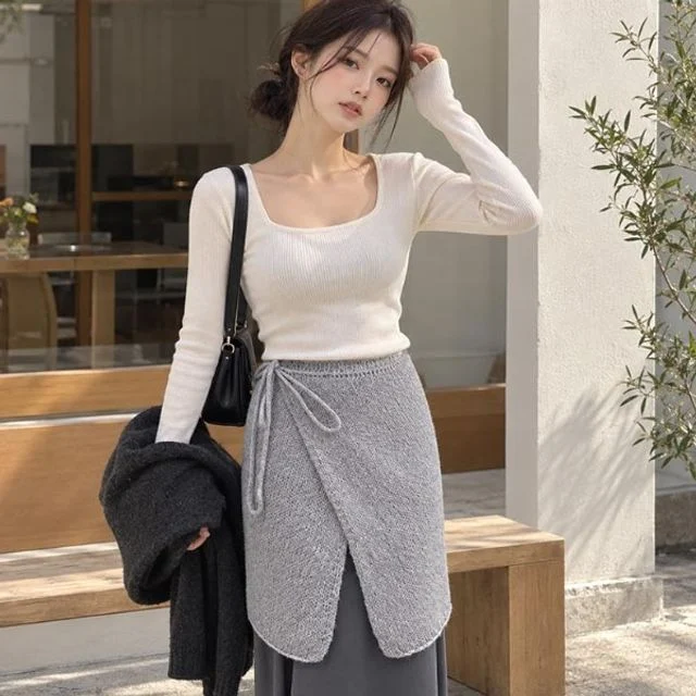 여성랩치마 니트 소재 사이드 스트랩 패션 하의