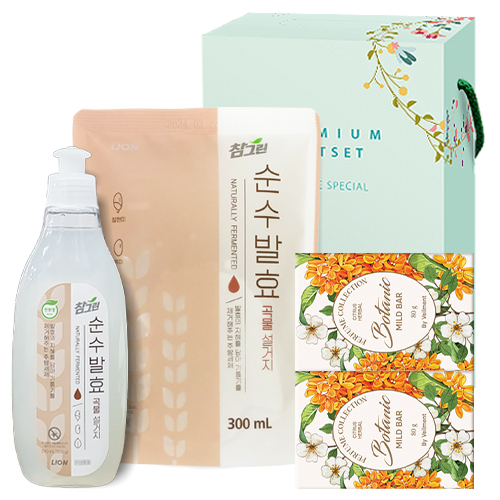 LION 참그린 순수 발효 곡물 주방세제 용기 300g +참그린 순수발효 곡물 리필 300ml +LG생활건강 온더바디 비누 80g x 2개 [110-212255]