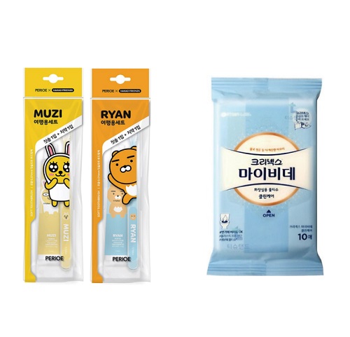 카카오프렌즈 크리넥스 휴대용 티슈 마이비데 클린케어 물티슈 10매 치약칫솔 양치세트 2종세트