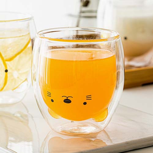 [로하티] 행복카페 이중 유리컵 고양이 내열 동물컵