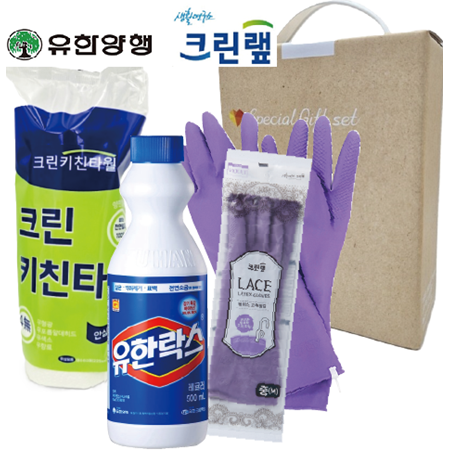 주방용품3종 유한양행 유한락스+키친타올+크린랩 고무장갑중형