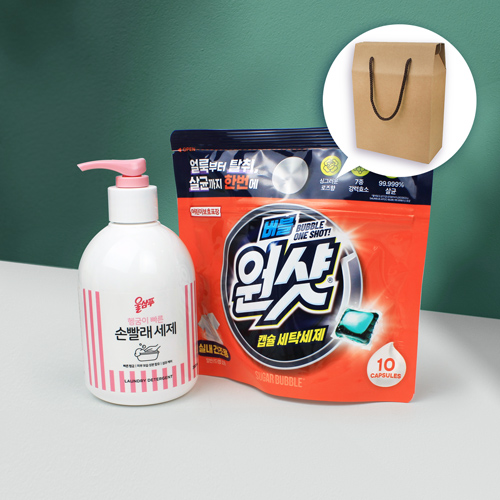 애경 울샴푸 손빨래 세제 380ml  펌프형 + 슈가버블 버블원샷 캡슐세제 + 크라프트 끈케이스