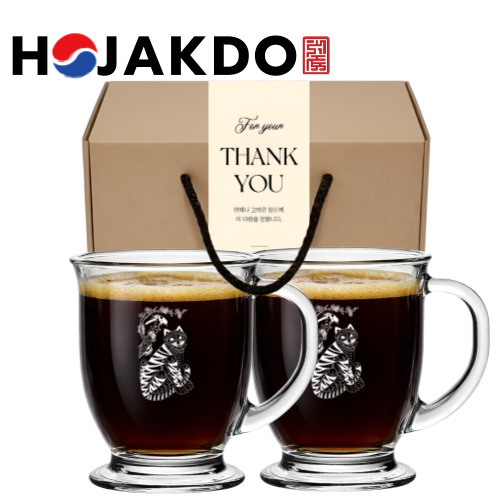 한국전통 민화 까치와호랑이 호작도 글라스 머그컵 440ml 2P 선물세트