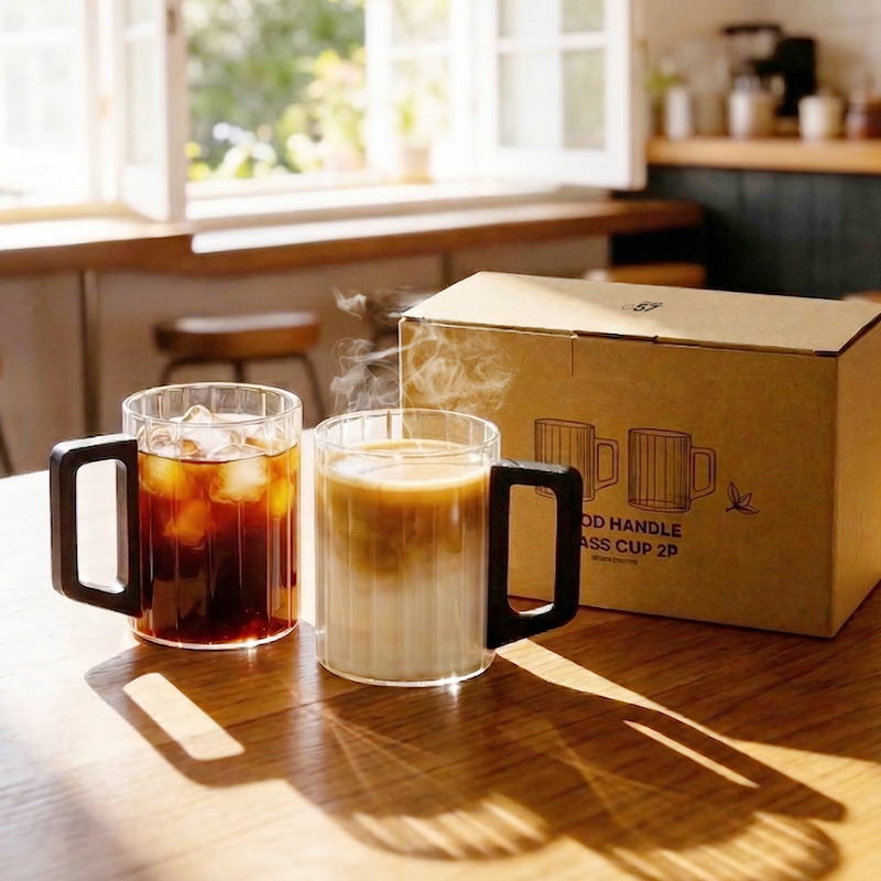 57도씨 홈카페 우드 손잡이 내열유리 플리츠 머그컵 420ml 2P 세트