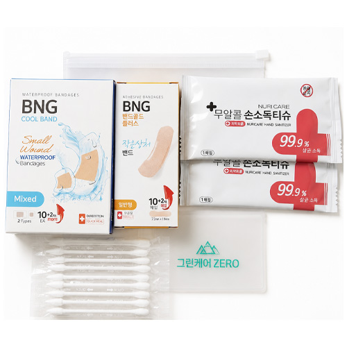 그린케어 제로 구급 응급세트(방수밴드.일반밴드.무알콜손소독티슈3.면봉)홍보.판촉.선물용