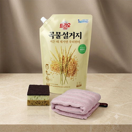 애경 대용량 곡물설거지 주방세제 1200ml  + 순면 골지 주방타올 + 양면 수세미 3종세트