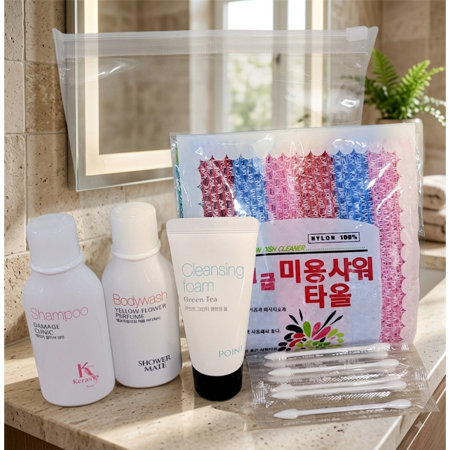 올인원 바디케어세트 샴푸 바디워시 폼클렌징 샤워타올 면봉 홍보용 판촉용 스티커부착가능