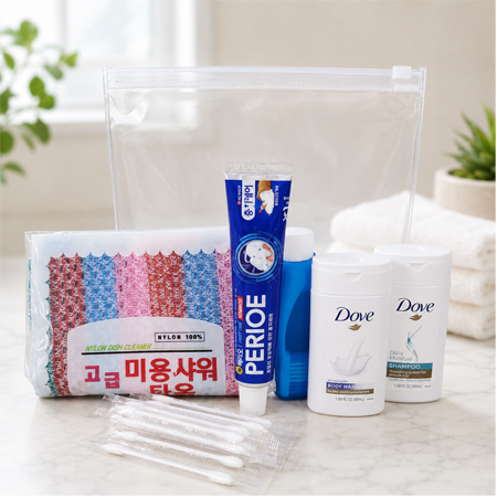실속위생6종세트 샤워타올 치약 칫솔 샴푸 판촉용 홍보용 스티커부착 가능 바디클렌져 면봉