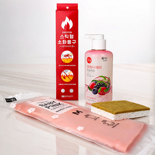 주방전용 스틱형 소화용구+애경 순샘 주방세제 500ml+베이비핑크 고무장갑+코코넛 친환경 수세미