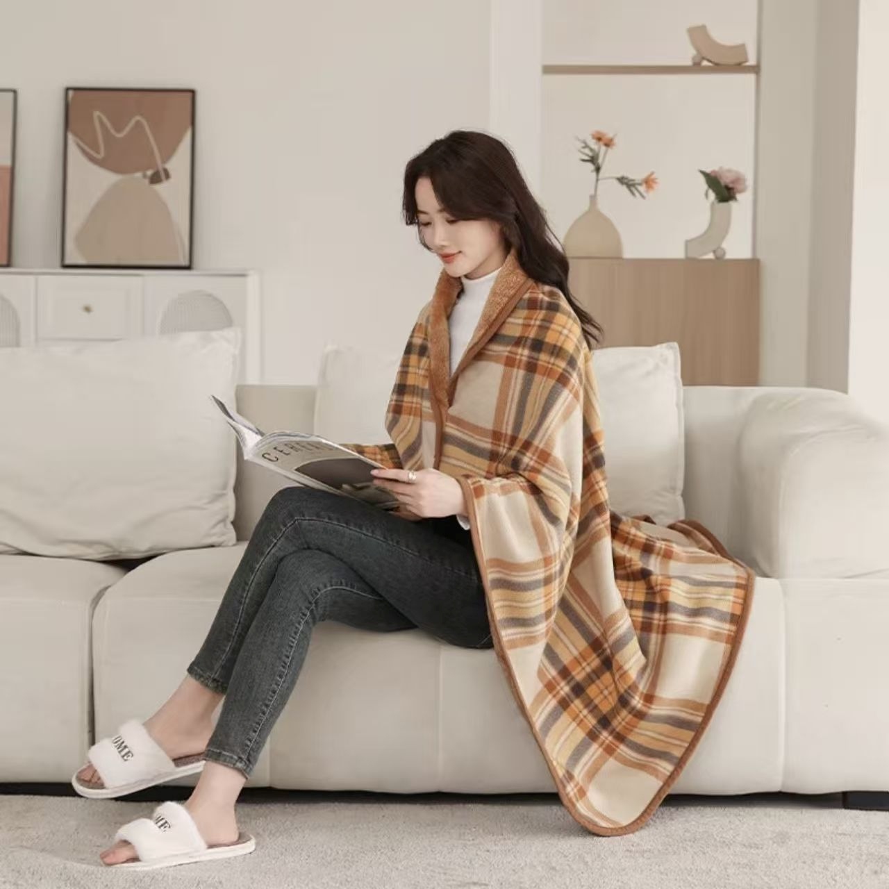 (네이비 체크) 편한생활연구소 단추형 숄담요